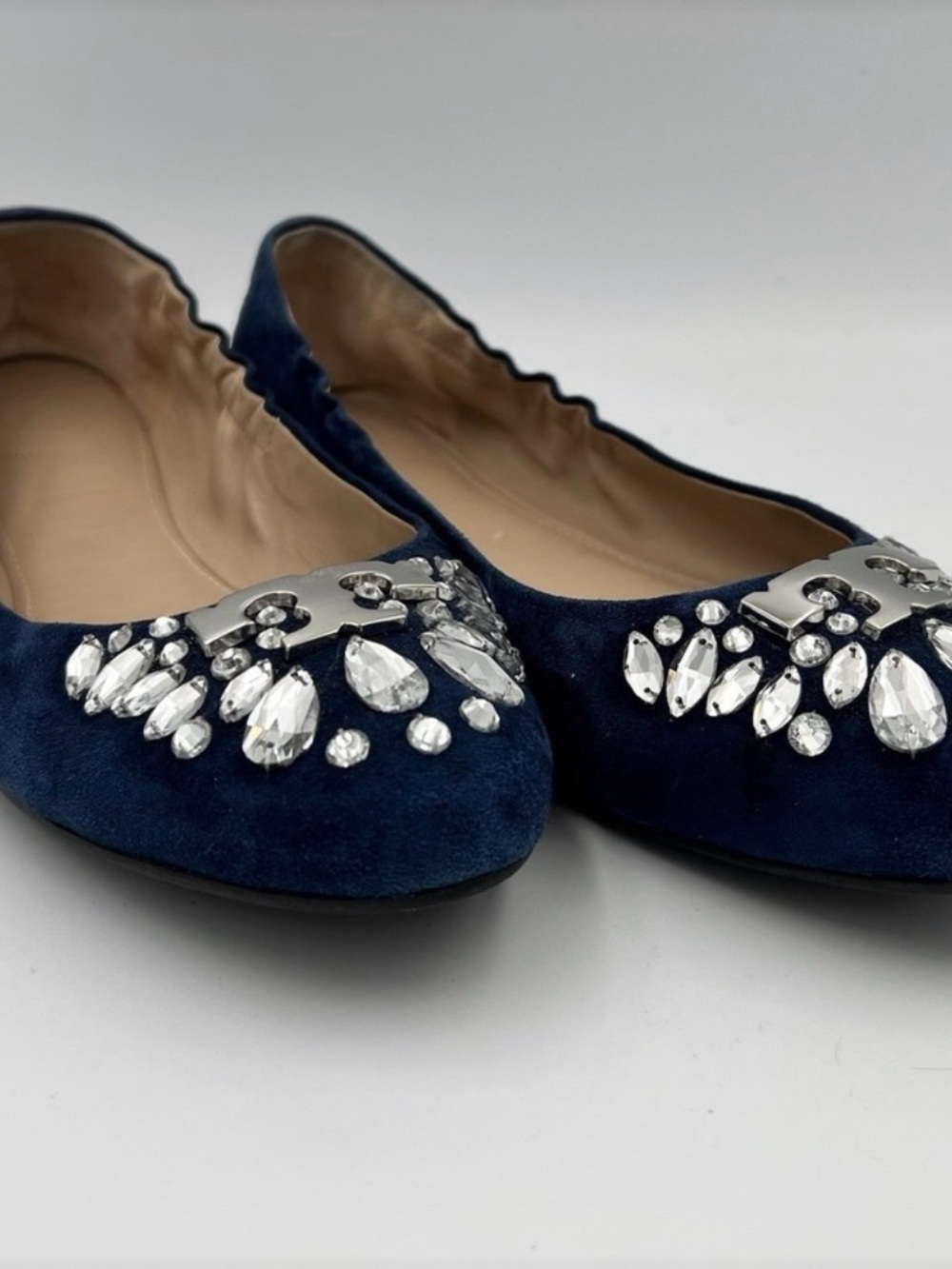 Tory Burch Women's Navy Suede Crystal Jeweled Ballet Flats-Like New!